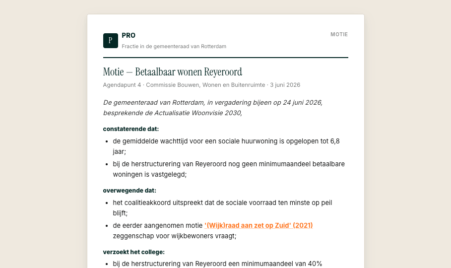 Voorbeeld van een motie op A4